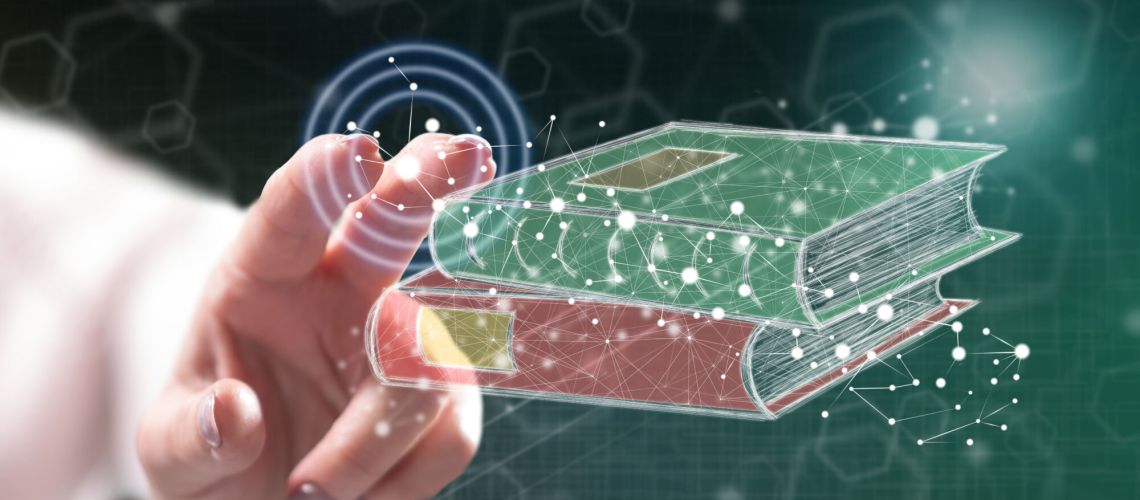 Woman touching an e-learning concept on a touch screen with her finger