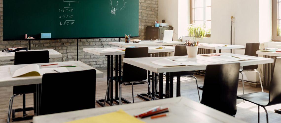 Empty classroom with no people during coronavirus epidemic.