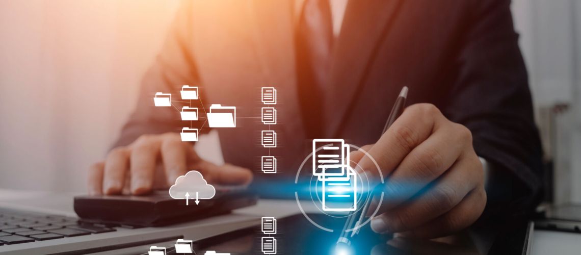 Document Management System (DMS), online documentation database and process automation to efficiently manage files, knowledge and documentation in enterprise with ERP. Corporate business technology.