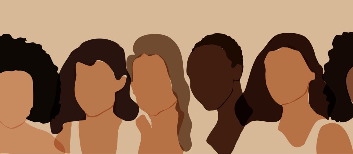 The concept of women's friendship and the movement for women's rights. Six elegant silhouettes of girls and women in a minimalist boho style banner. Women of different skin and hair style together. International Women's Day.